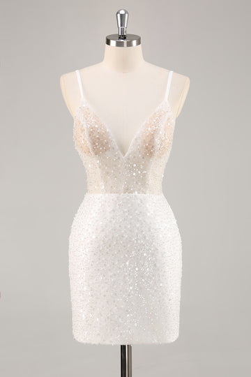 Sparkly Sequins White Bodycon Spaghetti Straps Short Graduation Dress